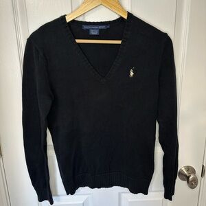 Ralph Lauren Sport Womens Black V Neck Sweater Polo Logo Size L Preppy Old Money